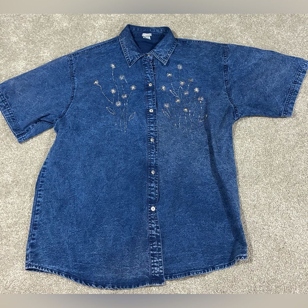 Vintage Denim Shirt XXXL Embroidered Beaded Flowers Short Sleeve Western Y2K
